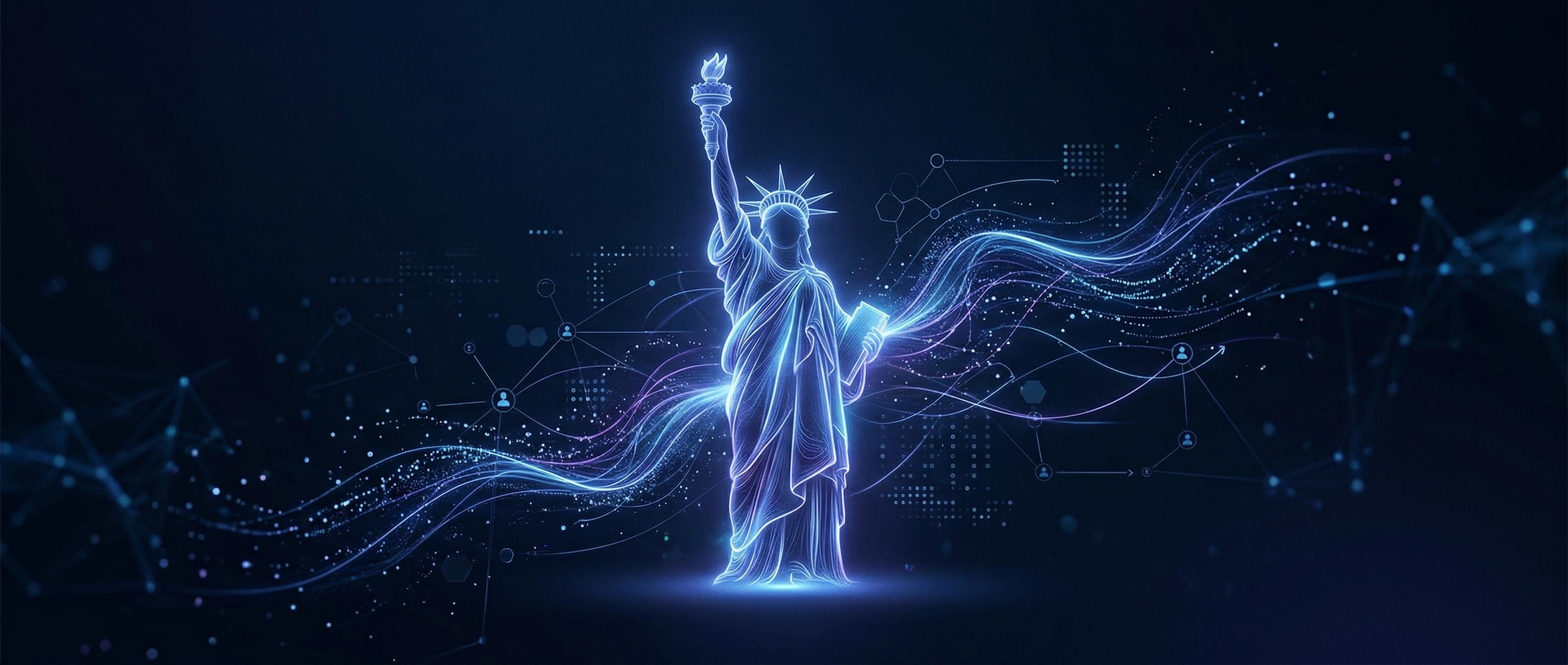 AI-powered immigration guidance β digital visualization of the Statue of Liberty with flowing data streams