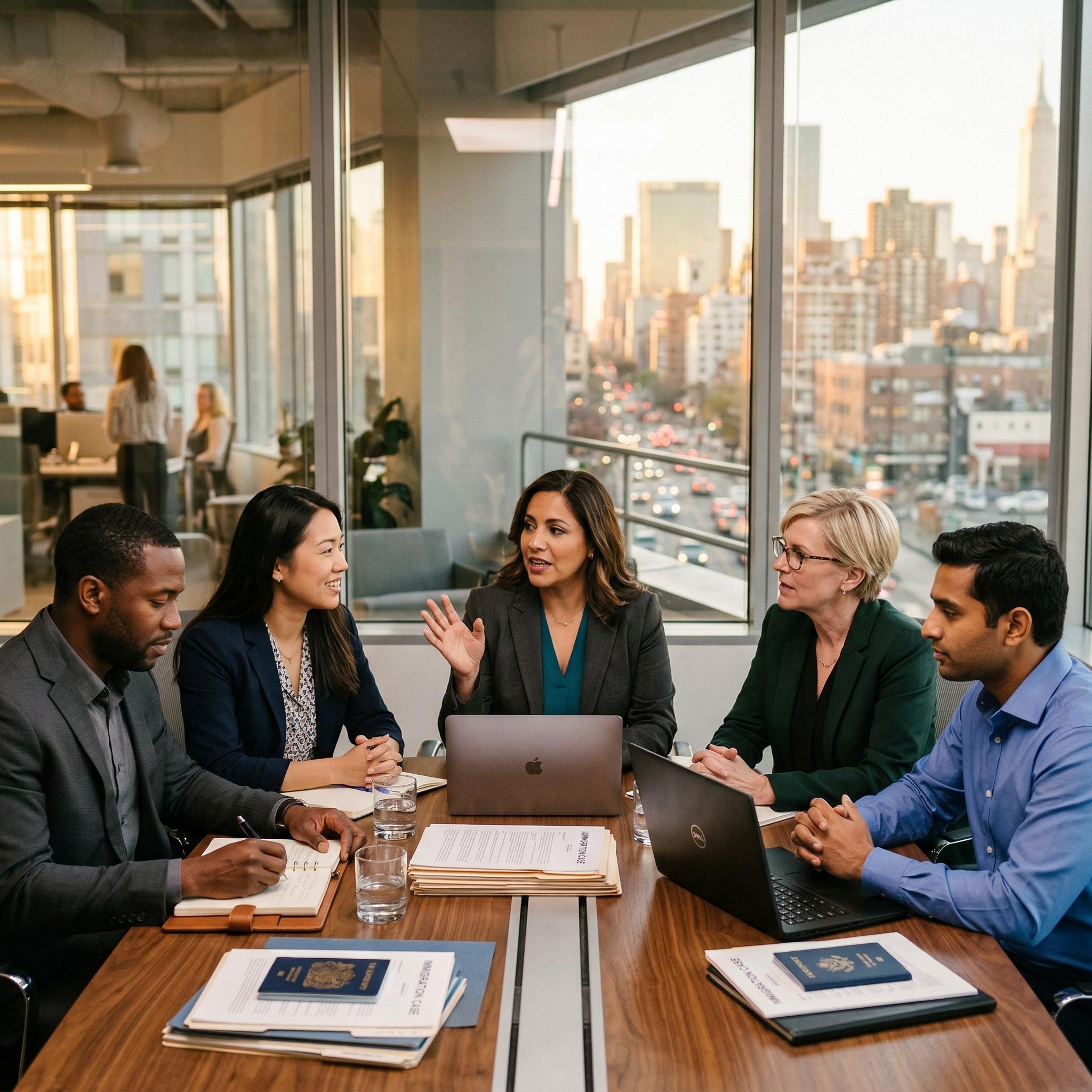 Diverse team of immigration attorneys collaborating in a modern office with city skyline at golden hour